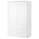 A white MUSKEN wardrobe with two doors and three drawers. It has a modern design with sleek lines and adjustable shelves.