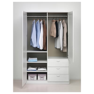 White wardrobe with open doors, hanging shirts, folded clothes on shelves, and drawers. Includes shelves and rails for organised storage.