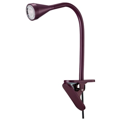 A purple NÄVLINGE clip-on lamp with an adjustable neck, featuring a sleek, curved design made of polycarbonate plastic.