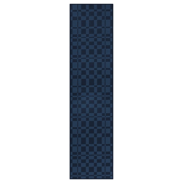 A blue NATTÅG rectangular runner rug with a chequered pattern.
