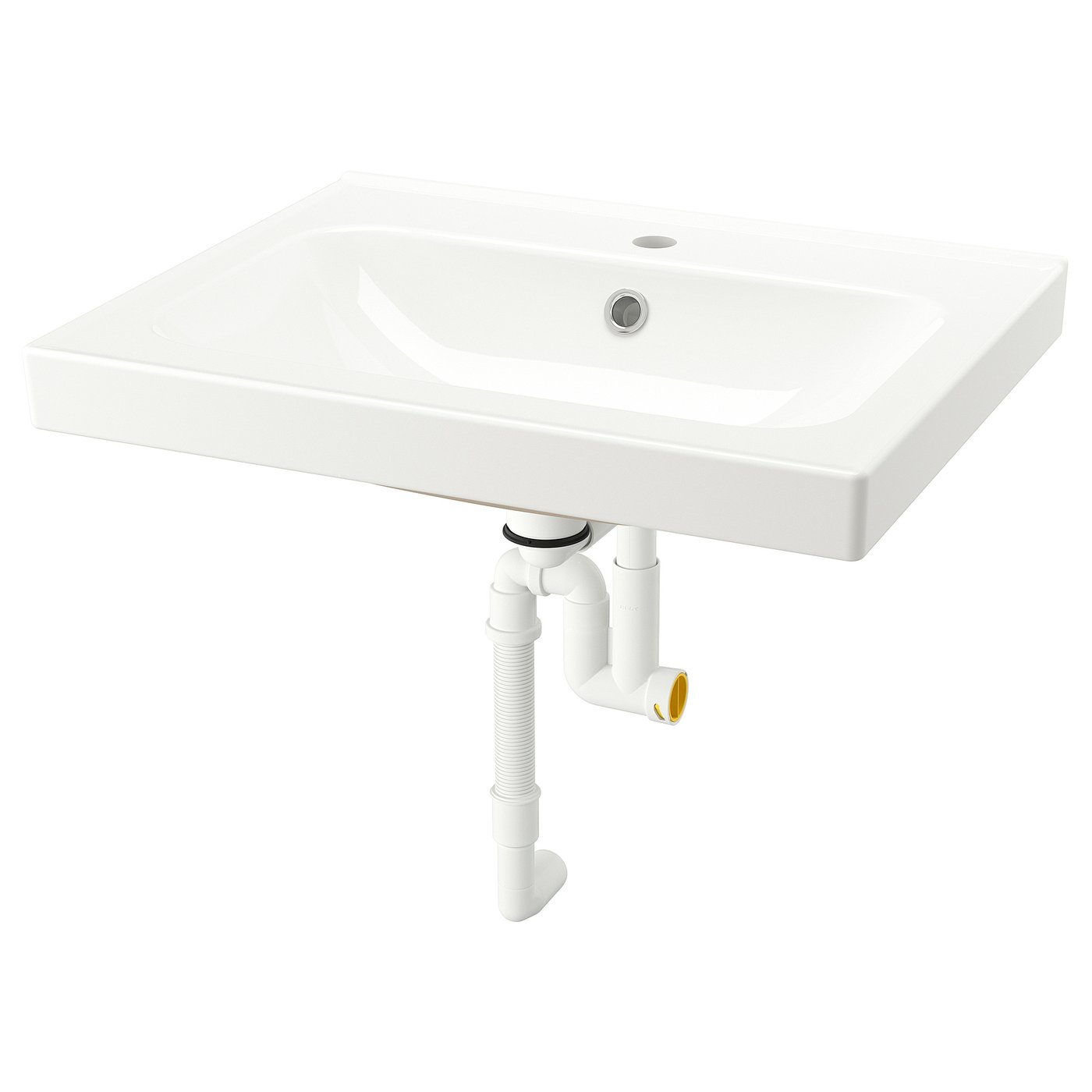 White ORRSJÖN sink, sleek design, ceramic, with drain pipes.