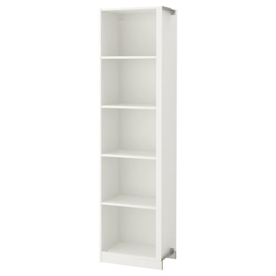 A white ikea PAX wardrobe frame with open shelves.