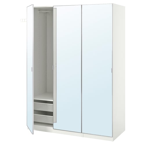 White PAX wardrobe, 3 doors, mirrors, metal hinges, adjustable feet, mesh basket inside.
