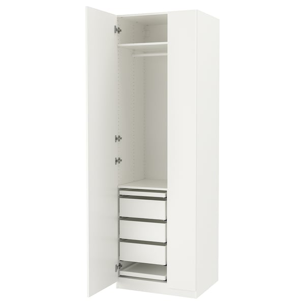 White PAX wardrobe with three drawers and one shelf, open doors revealing storage.