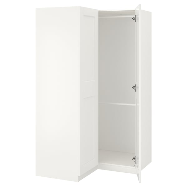 White PAX wardrobe with open door, featuring a simple and modern design, made from particleboard and fiberboard.