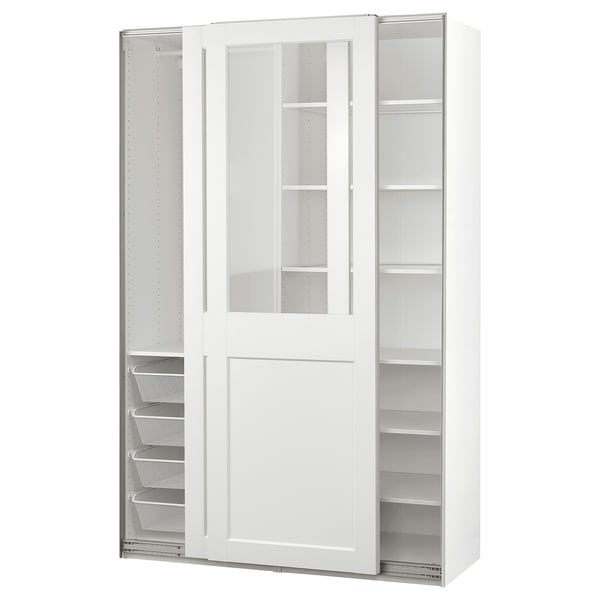 PAX white wardrobe with glass doors, metal mesh basket, soft-close slides, great for organising and displaying clothes.