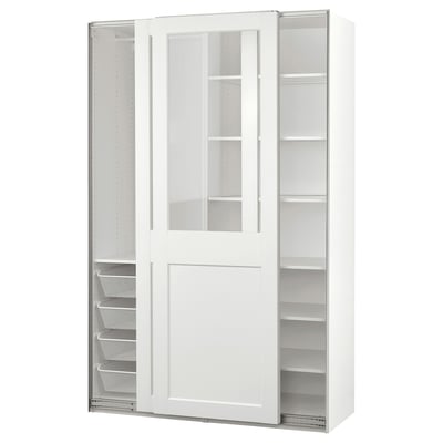 PAX white wardrobe with glass doors, metal mesh basket, soft-close slides, great for organising and displaying clothes.