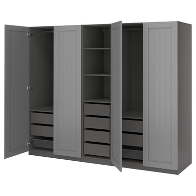 Grey PAX wardrobe with 2 doors open, shelves, drawers, and mesh baskets.