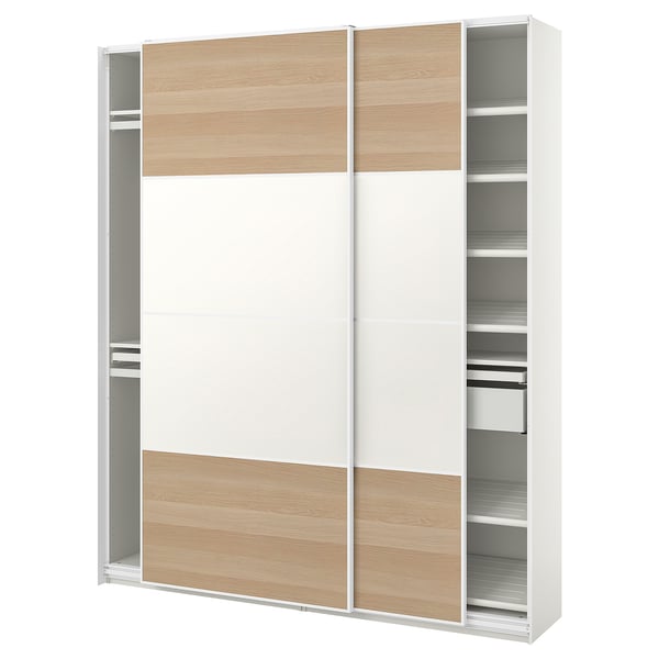 White & oak wardrobe: PAX. Sliding doors, shelves, modern, large storage.
