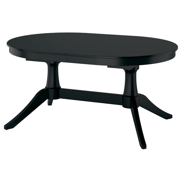 Black ROSENTORP extendable dining table, oval with double pedestal base.