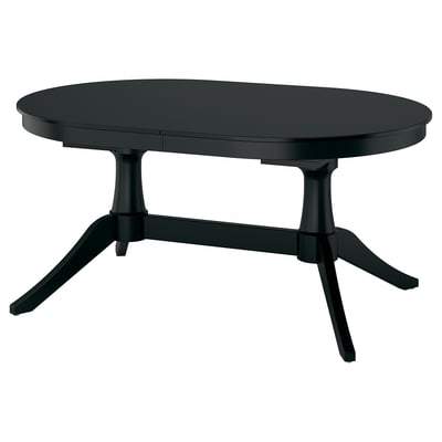 Black ROSENTORP extendable dining table, oval with double pedestal base.