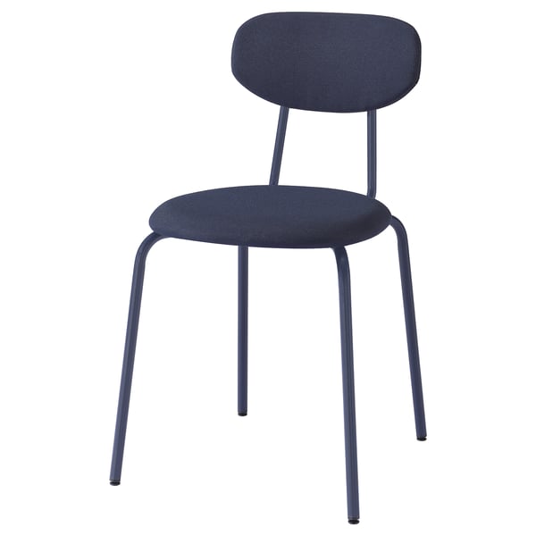 A sandberg chair in blue with a cushioned seat and backrest. It a sleek, modern design with a metal frame and a curved back for comfort.