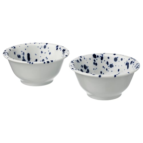 Two white bowls with blue splatter paint, round, ceramic.