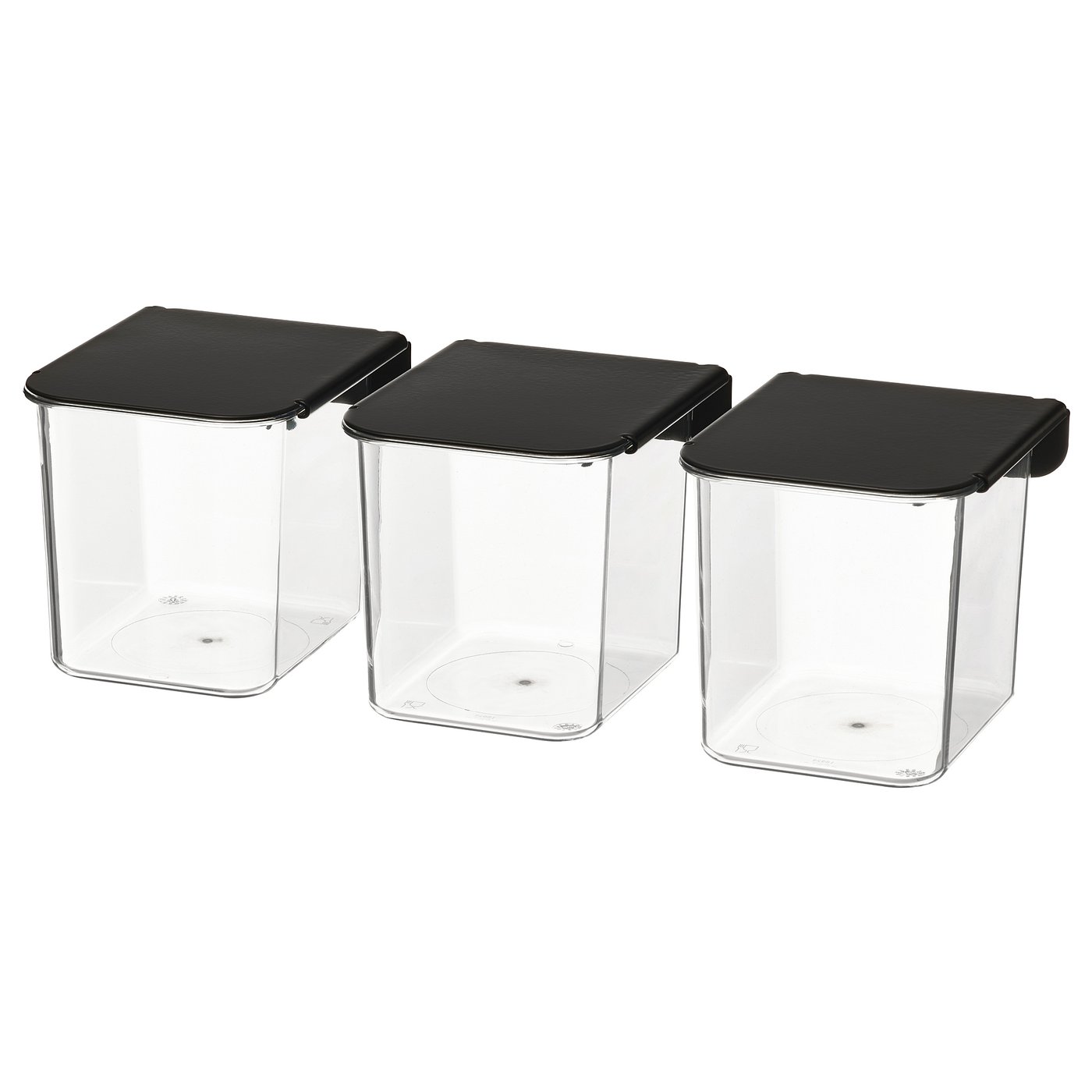 Three clear rectangular plastic containers with black hinged lids, stacked neatly in a row. Ideal for kitchen or office storage.