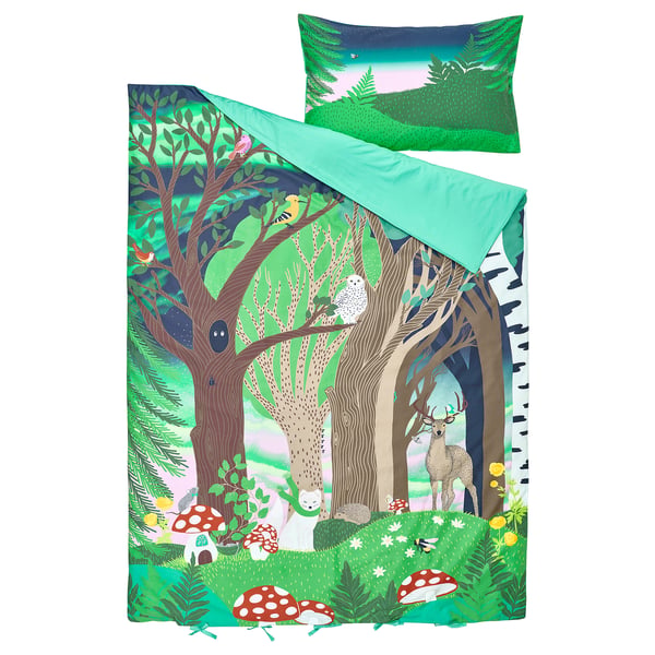 Enchanted forest duvet set with trees, deer, owl, mushrooms. Soft green, blue, white. Cotton & viscose. Includes duvet & pillowcase.