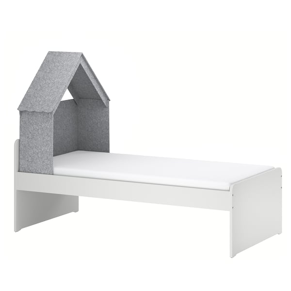 Modern kids bed with grey canopy, rounded corners.