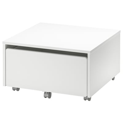 A white SLÄKT storage drawer on wheels for easy movement and storage.