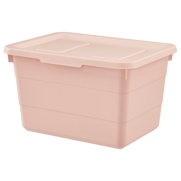 A light pink plastic storage box with a lid, rectangular, stackable design. Made from partly recycled polypropylene.