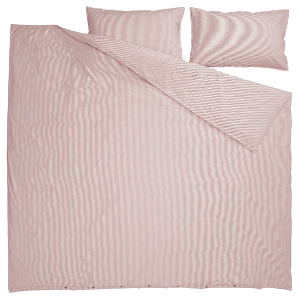 Red and white striped bedding set; includes flat sheet, fitted sheet, and two pillowcases. Modern striped design.