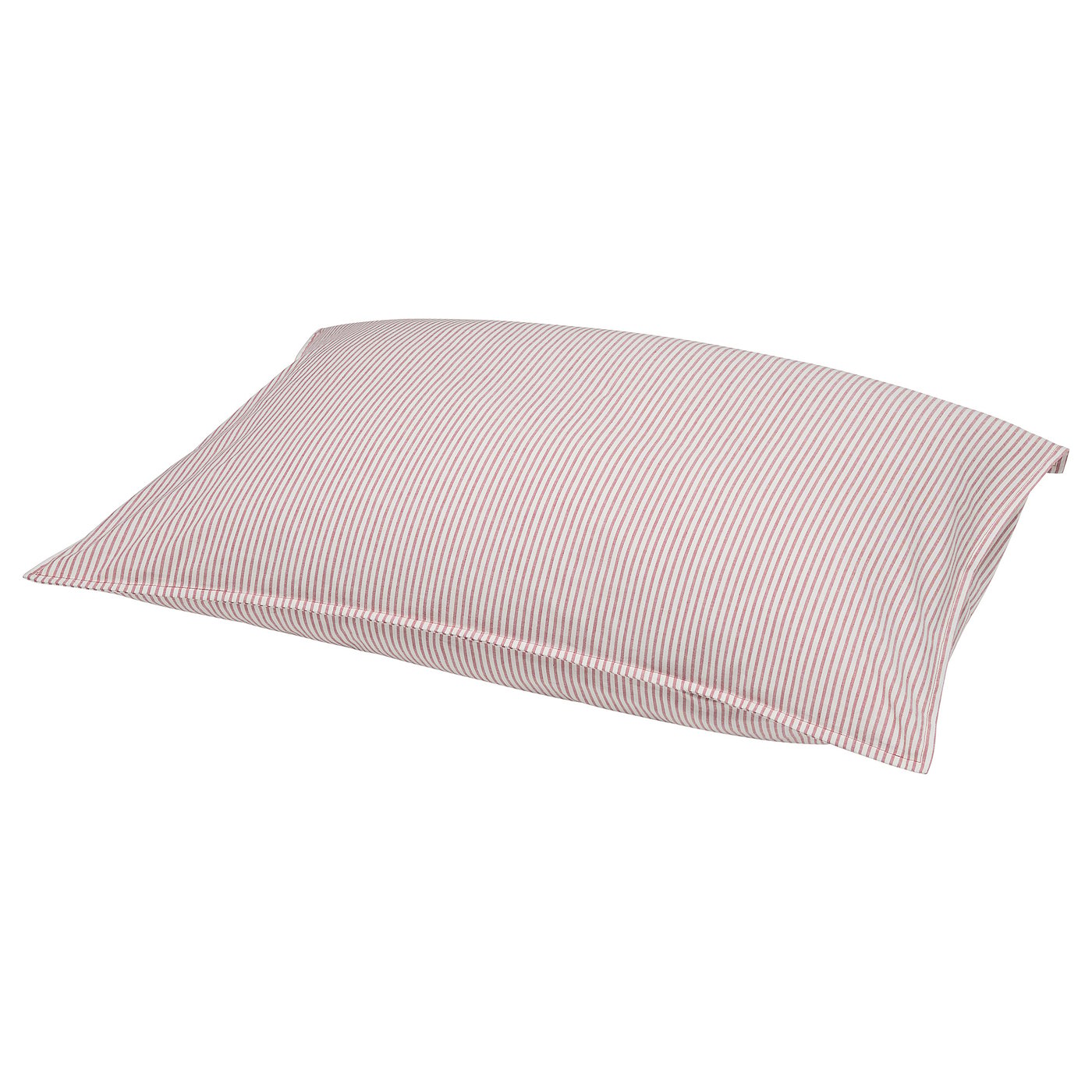 Displays a soft, recycled cotton pillowcase with red and white stripes. The rectangular shape a simple, striped design, ideal for comfort.