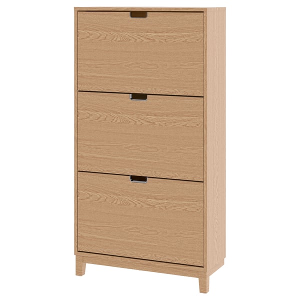 Oak STÄLL shoe cabinet with 3 drawers and metal handles