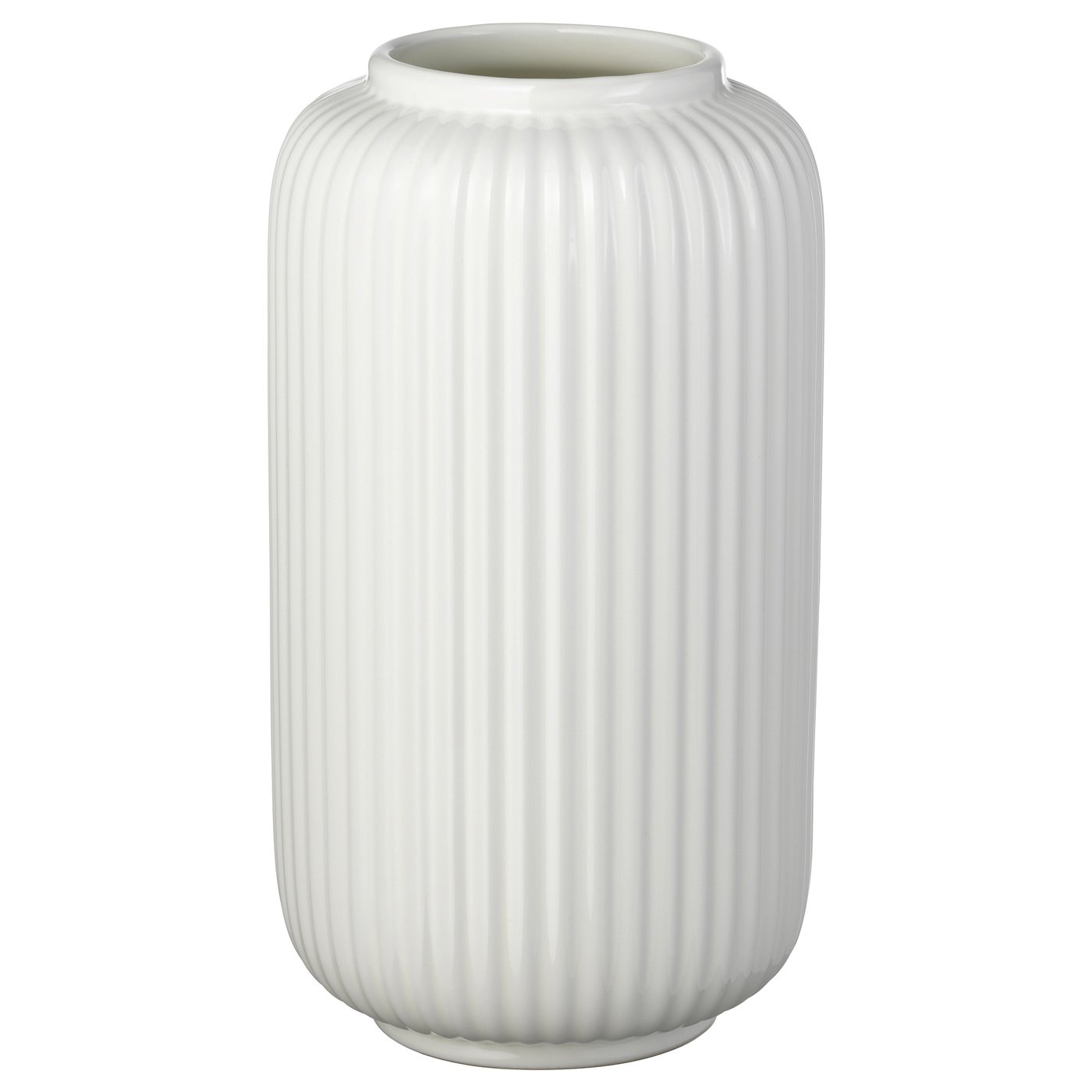 A white STILREN vase made of stoneware with vertical ridges and a smooth surface, designed for holding flowers.