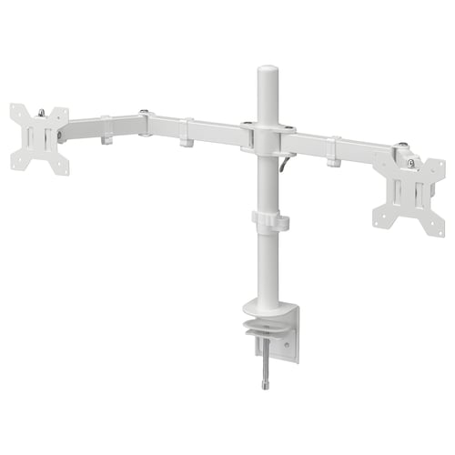 STUBBERGET dual-arm monitor bracket, white, metal, adjustable.