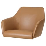 Brown leather TOSSBERG chair. Modern, curved design with high back and armrests for comfort.