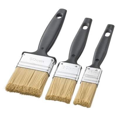 Three black TRIXIG paint brushes, sizes 50mm, 35mm, 25mm, laid flat. Quality polyester bristles, stainless steel ferrules.