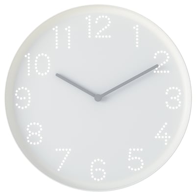 Round white wall clock with numbered holes, two hands, simple design.