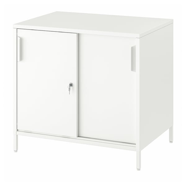 White TROTTEN cabinet, square, two sliding doors, metal, modern design.