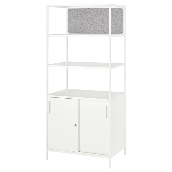 A white TROTTEN cabinet with open shelves and a single door. It a grey pin board on top and a white board below the door.