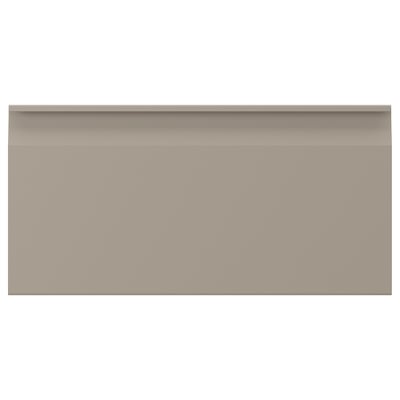 A beige kitchen cabinet with a sleek, modern design, featuring integrated handles and clean lines.