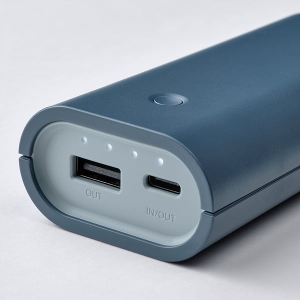 A portable powerbank with two charging ports, usb-a and usb-c.