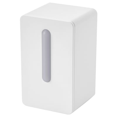 White cylindrical air quality sensor with vertical grey stripe, sleek minimalist design, plastic body.