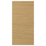 A rectangular VOXTORP door front in an oak finish with integrated handles, giving it a sleek and modern look.