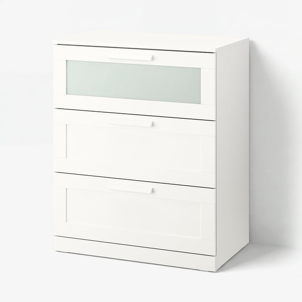 BRIMNES Almari 3 laci, putih/kaca berfros, 78x46x95 cm