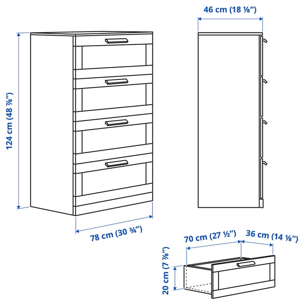 BRIMNES Almari 4 laci, putih/kaca berfros, 78x46x124 cm