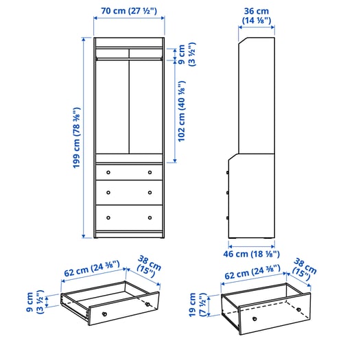 HAUGA Almari pakaian terbuka 3 laci, putih, 70x199 cm