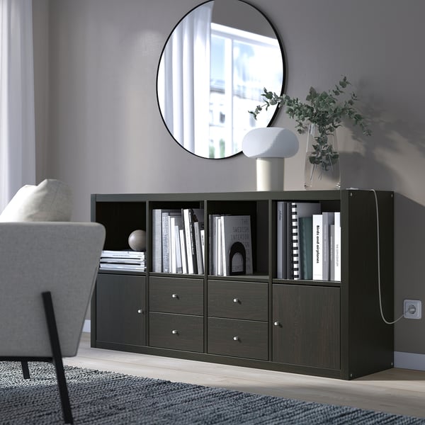 KALLAX Unit rak dgn 4 sisipan, hitam coklat, 147x77 cm