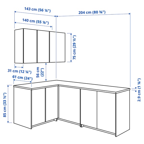 KNOXHULT Dapur sudut, putih, 204x143x220 cm