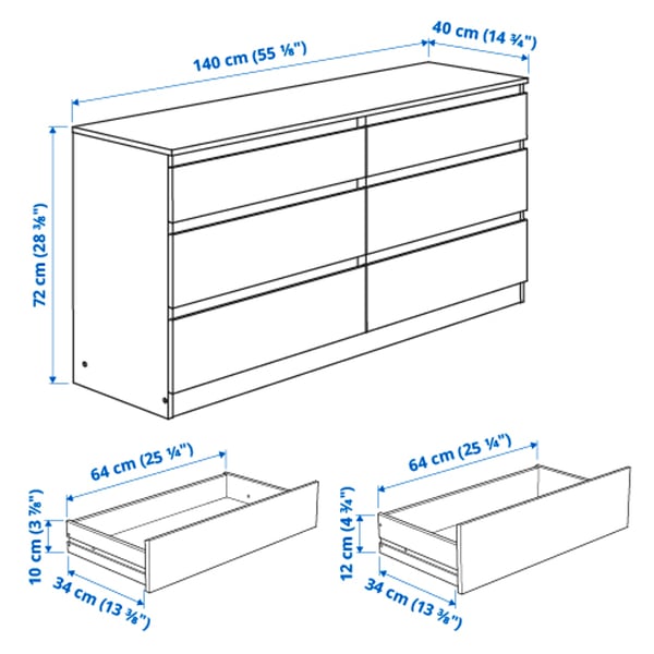KULLEN Almari 6 laci, putih, 140x40x72 cm