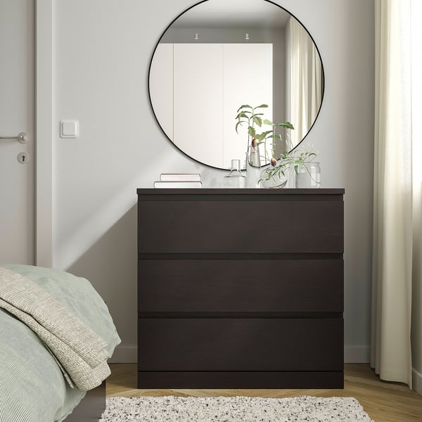 MALM Almari 3 laci, hitam coklat, 80x78 cm