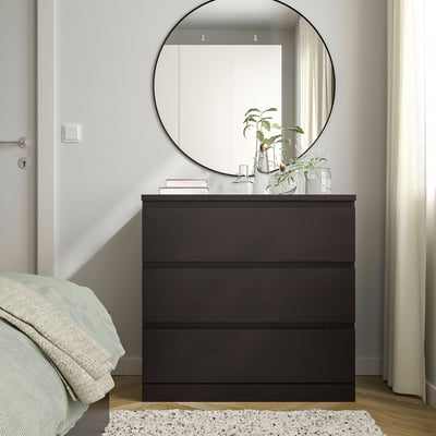 MALM Almari 3 laci, hitam coklat, 80x78 cm