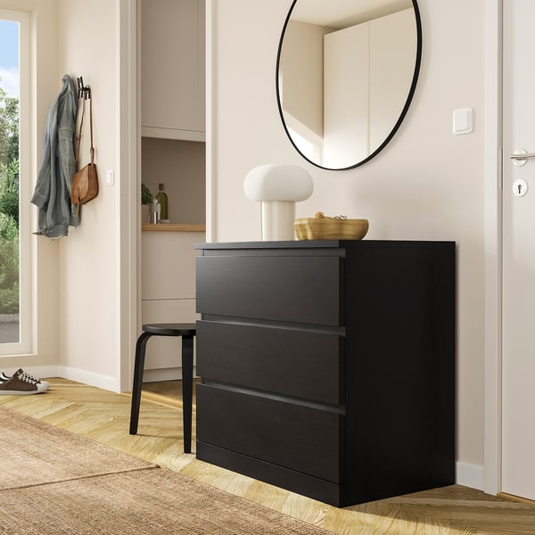 MALM Almari 3 laci, hitam coklat, 80x78 cm