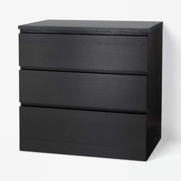 MALM Almari 3 laci, hitam coklat, 80x78 cm