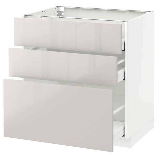 METOD Kabinet dasar dgn 3 laci, putih Maximera/Ringhult kelabu muda, 80x60x80 cm