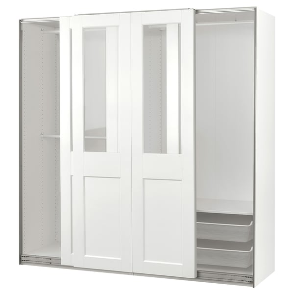 PAX / GRIMO Almari pakaian dgn pintu gelangsar, putih/kaca jernih putih, 200x66x201 cm