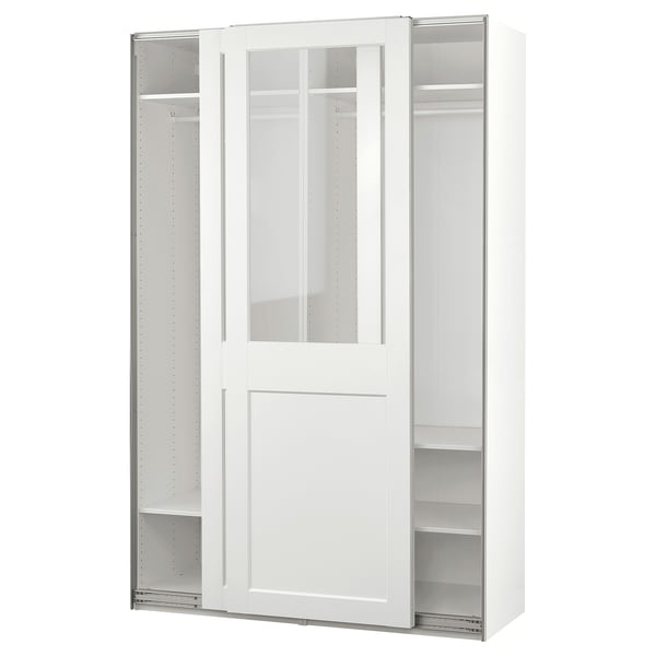 PAX / GRIMO Almari pakaian dgn pintu gelangsar, putih/kaca jernih putih, 150x66x236 cm