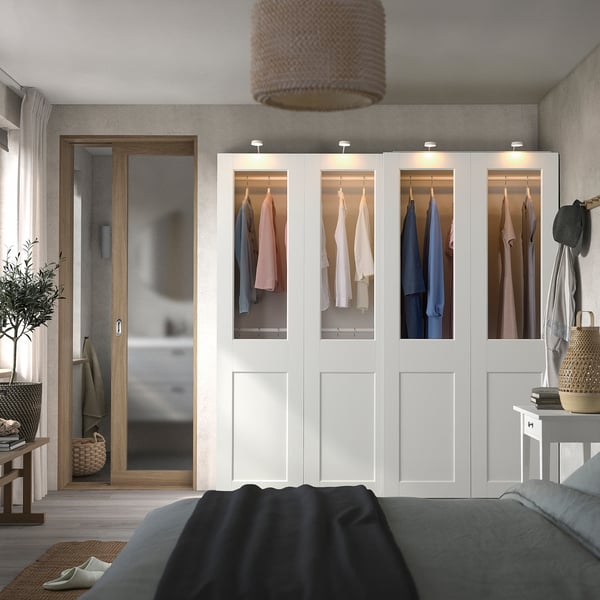PAX / GRIMO Almari pakaian dgn pintu gelangsar, putih/kaca jernih putih, 200x66x201 cm